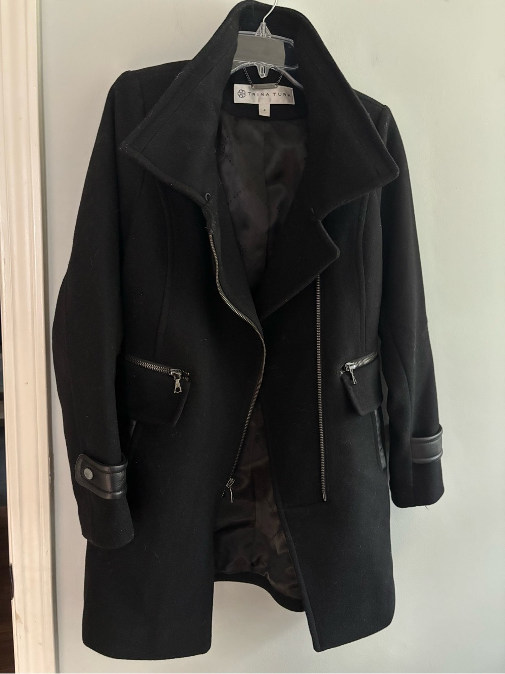 Trina Turk black heavyweight wool leather utility pea coat